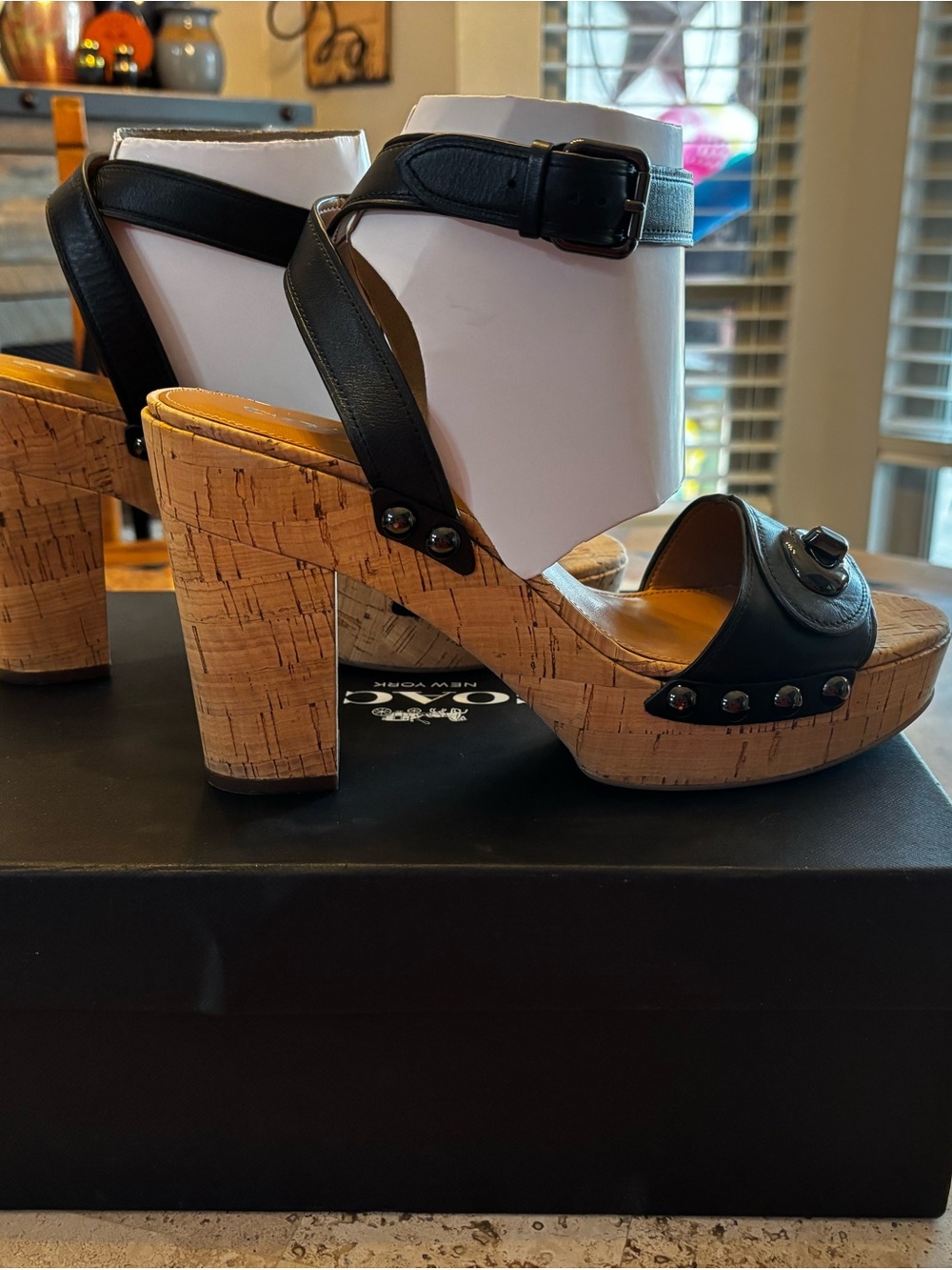 Coach Cork Platform Heels Sandals Black Leather Women’s Size 11 - Picture 3 of 7